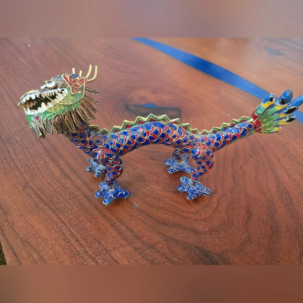 Decorative Blue and Red Cloisonné Dragon Figurine for Reptile Display